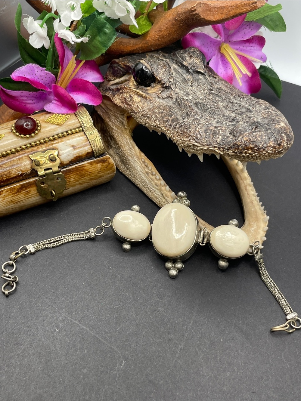 Bone and silver tone bracelet vintage adjustable